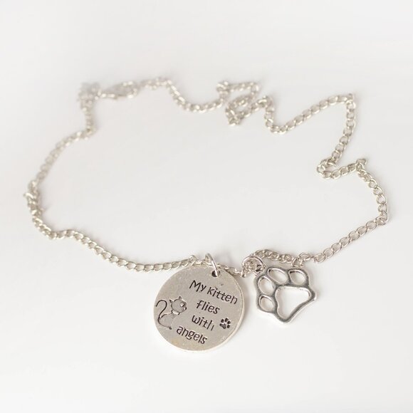 Handmade Pet Bereavement "Kitten Flies with Angels" Paw Print Necklace, New - Picture 2 of 2
